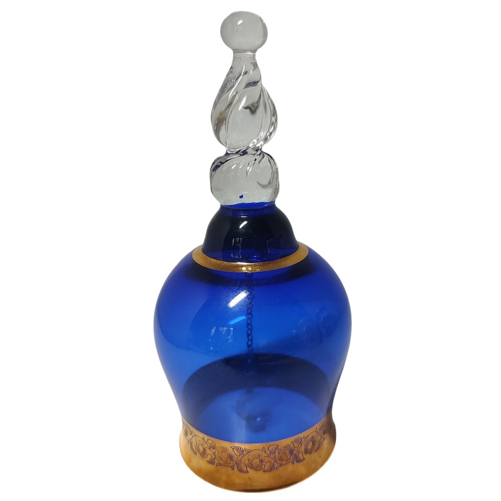 Vintage Bohemia Czech Crystal Bell Cobalt Blue Six Inch with Ornate Gold Overlay